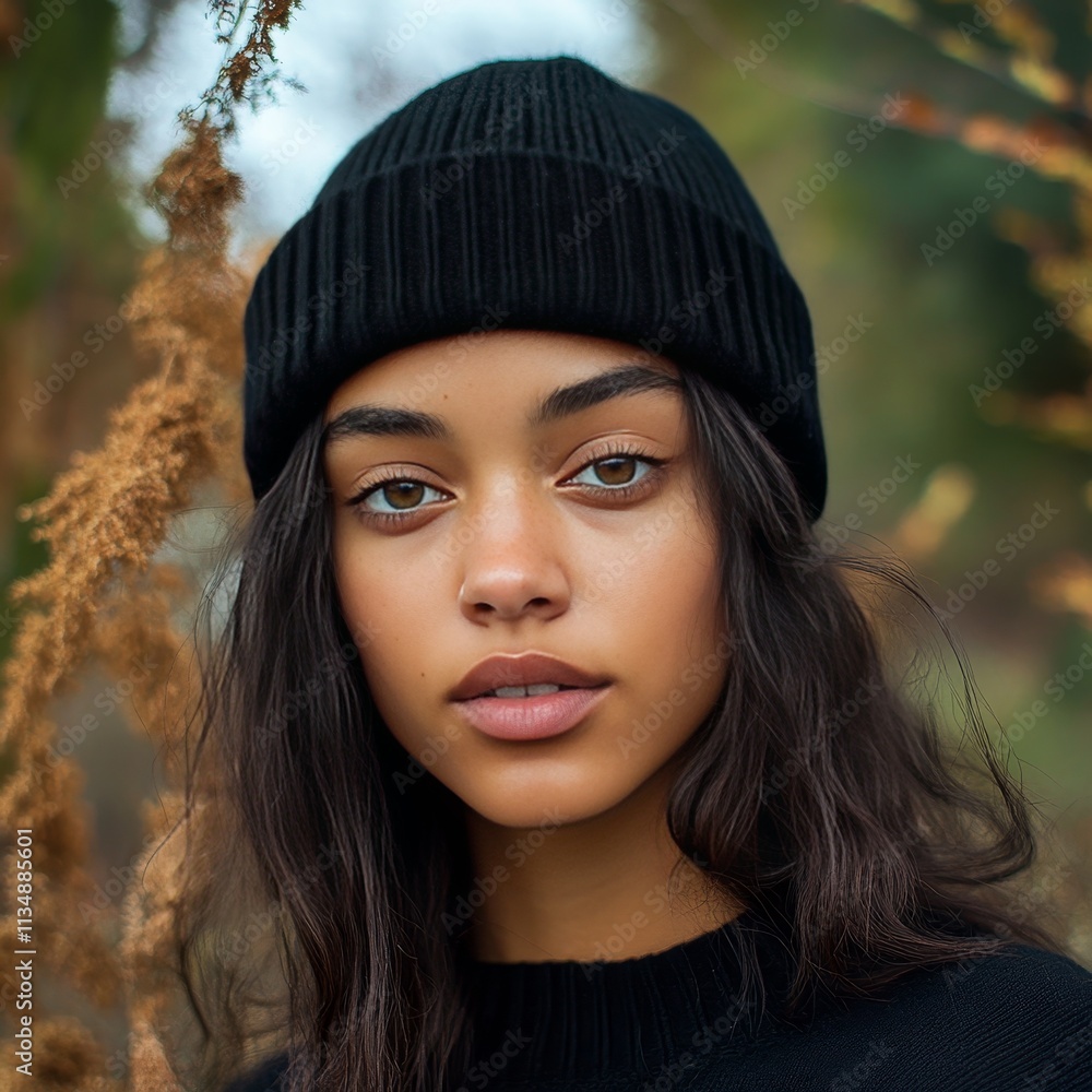 Captivating Portrait of a Young Woman in a Black Beanie Surrounded by Warm Autumn Foliage During a Serene Outdoor Moment Captivating Portrait of a Young Woman in a Black Beanie Surrounded by Warm Autumn Foliage During a Serene Outdoor Moment