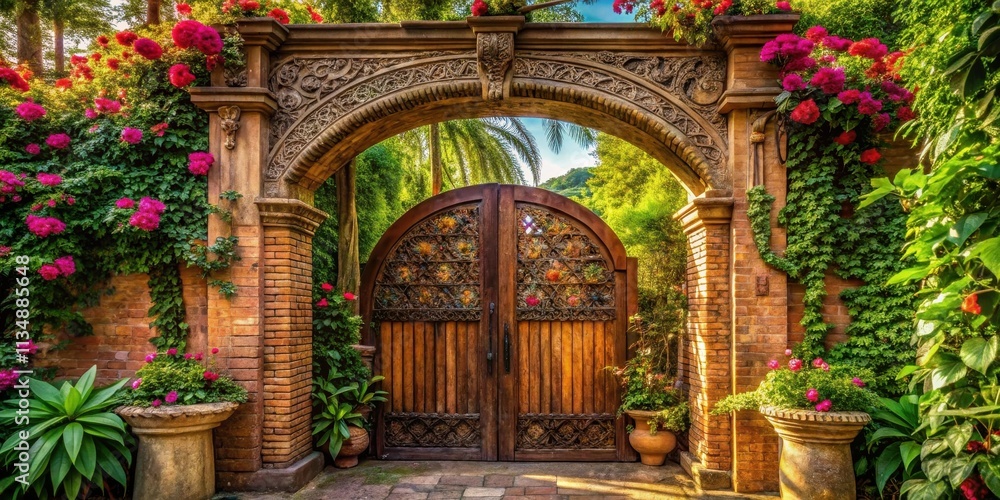 A grand stone archway adorned with intricate carvings, framed by vibrant pink blossoms and lush greenery, reveals a beautiful wooden gate with intricate details, leading to a serene, hidden garden. A grand stone archway adorned with intricate carvings, framed by vibrant pink blossoms and lush greenery, reveals a beautiful wooden gate with intricate details, leading to a serene, hidden garden.