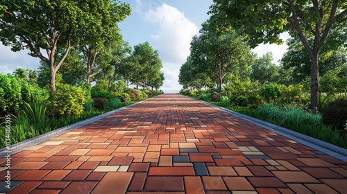 Seamless multicolored interlock paving design in a lush garden pathway with trees and vibrant greenery under a clear blue sky