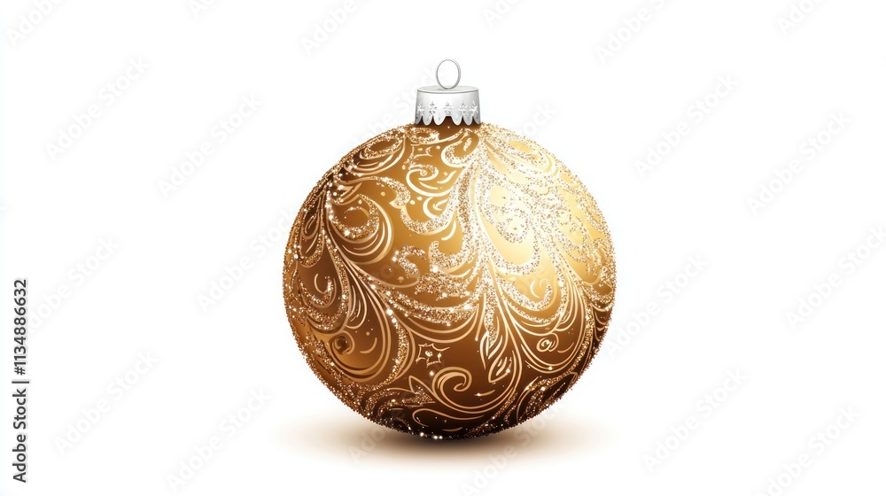 Elegant golden Christmas ball with intricate embossed patterns and silver glitter, isolated against a white background. Vector illustration. Elegant golden Christmas ball with intricate embossed patterns and silver glitter, isolated against a white background. Vector illustration.
