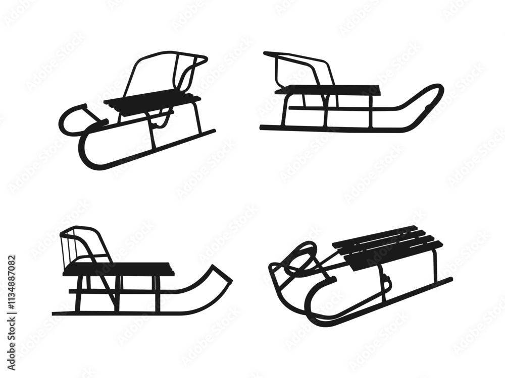 sled, wooden sledge silhouette, outline vector symbol icon design. Wooden sled silhouette vector illustration. Wooden snow sled black shape. Isolated on white background.