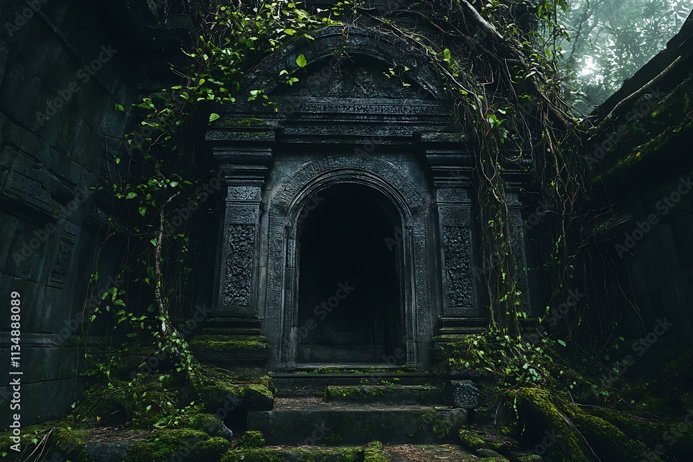 Fototapeta premium An ancient stone temple entrance overgrown with jungle vines