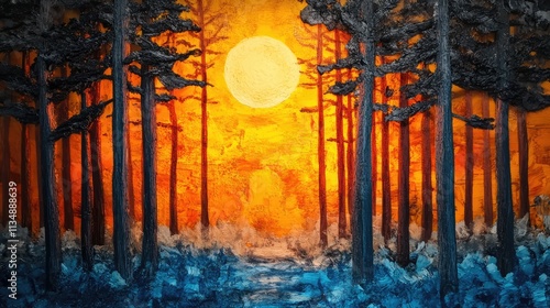 Vibrant Sunset Over Resin Pine Forest with Lush Blue Underbrush Illuminated by Golden Light photo