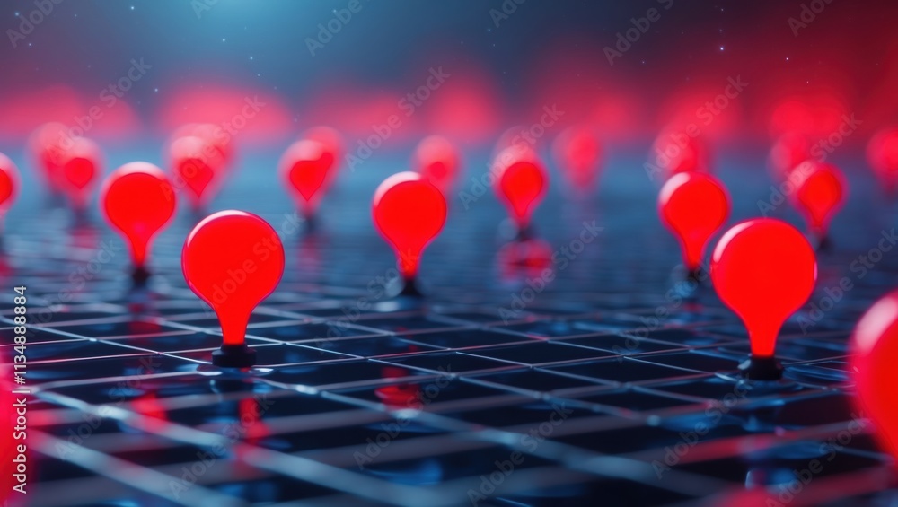 Red map pins scattered over a grid background, representing navigation, connection, and digital mapping. Red map pins scattered over a grid background, representing navigation, connection, and digital mapping.