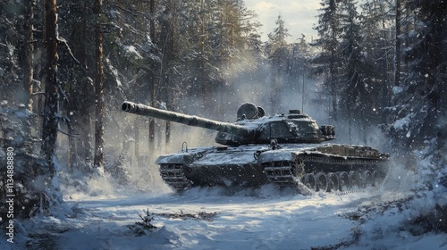 T80 tank camouflaged in a snowy forest landscape showcasing military equipment in winter conditions photo