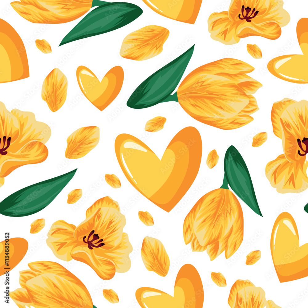 Obraz premium seamless pattern with yellow hearts and flowers, namely yellow tulips of different sizes and yellow petals, for the holiday of St. Valentine