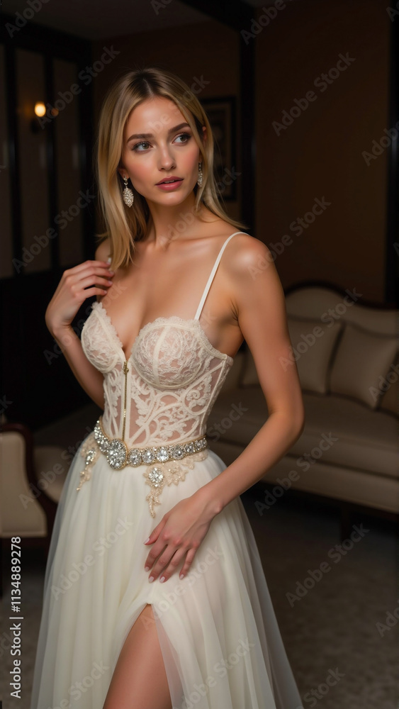 Fototapeta premium クリームホワイトのエレガントなイブニングドレスをまとった金髪の女性が、クラシックなインテリアの中で上品に佇む。繊細なレースとビジューが施されたコルセット風デザインが、洗練された美しさを際立たせる。ソファと温かみのある照明が高級感を演出し、ロマンティックな雰囲気を醸し出している。