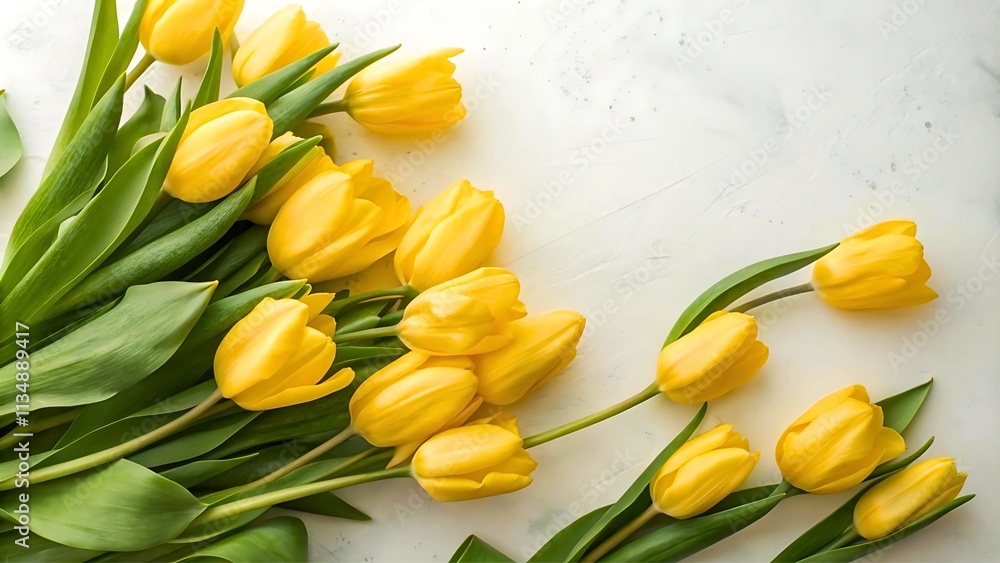 Obraz premium Beautiful composition spring flowers. Bouquet of bunch of flowers yellow tulips flowers on pastel green background. Flat lay, top view, copy space.