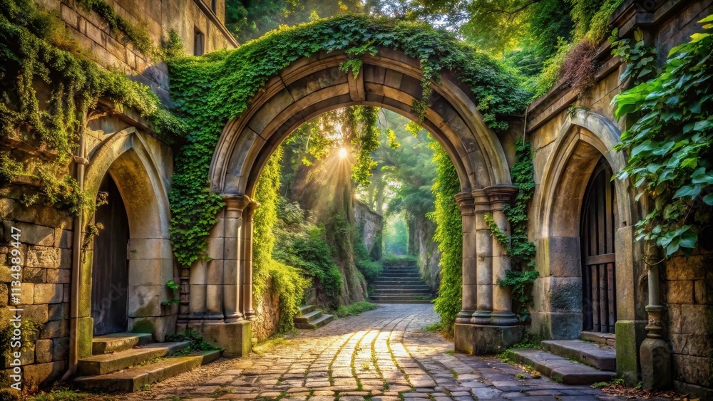 A stone archway draped in vibrant green ivy, leading to a cobblestone path bathed in the warm glow of the rising sun, framed by lush greenery. A stone archway draped in vibrant green ivy, leading to a cobblestone path bathed in the warm glow of the rising sun, framed by lush greenery.