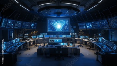 A spacious, high-tech command center filled with large digital screens and advanced technology. The futuristic control room setup is perfect for science fiction, cybersecurity, or space exploration