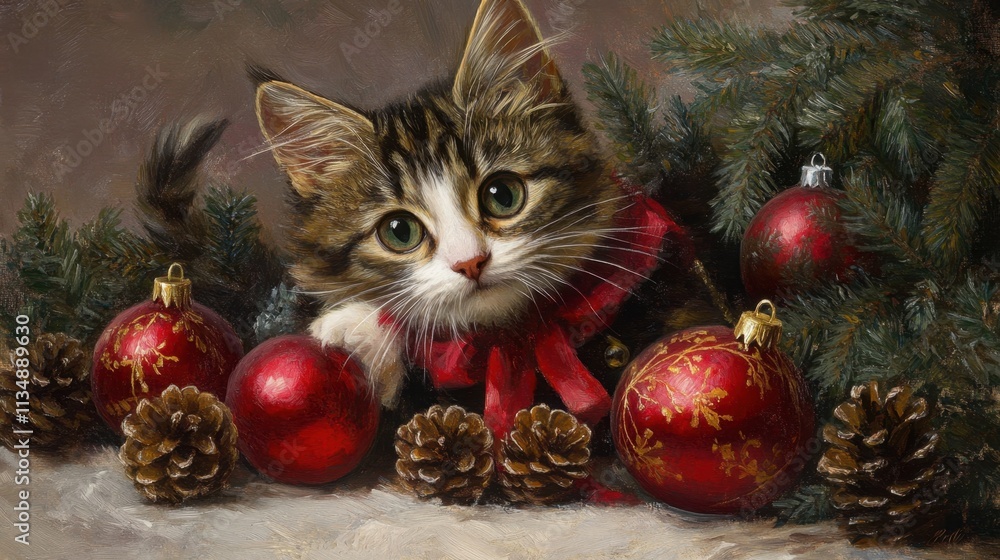 Playful Tabby Kitten Among Festive Christmas Decorations and Ornaments Playful Tabby Kitten Among Festive Christmas Decorations and Ornaments