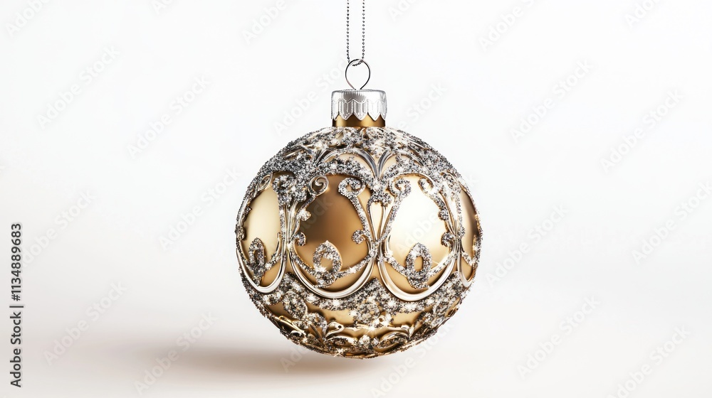 Golden Christmas ball ornament with elegant embossed detailing and silver glitter, hanging isolated on a white background. Vector art. Golden Christmas ball ornament with elegant embossed detailing and silver glitter, hanging isolated on a white background. Vector art.