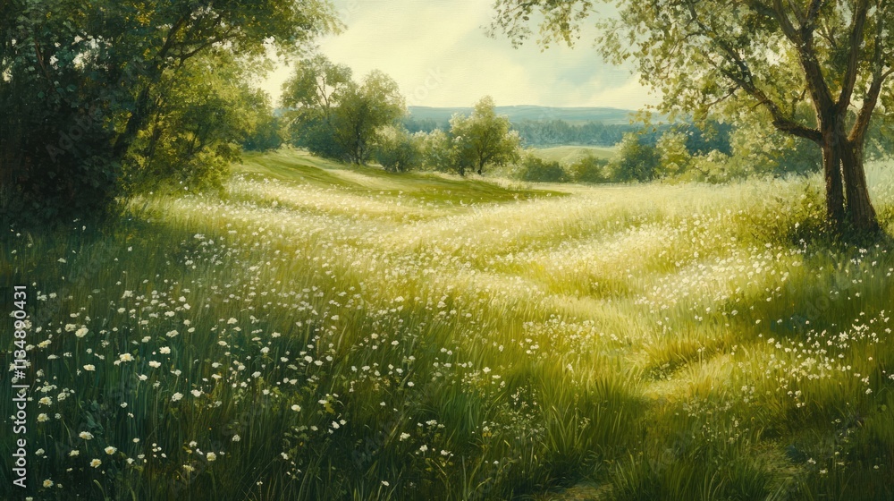 Obraz premium Lush green meadow with wildflowers illuminated by soft sunlight in a serene landscape scene