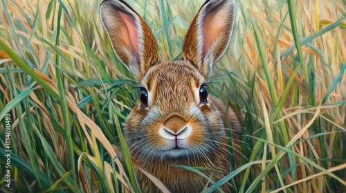 Realistic illustration of an Eastern cottontail rabbit peeking through vibrant grass in a natural habitat setting.