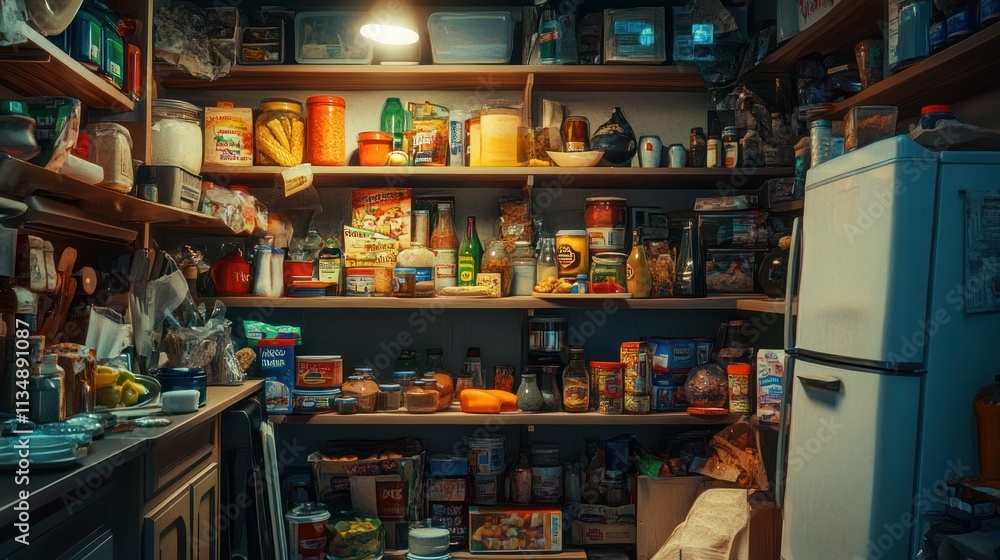 A Well-Stocked Pantry Full of Canned Goods, Jars, and Boxes, Illuminated by a Single Lightbulb, Showing Abundant Food Supplies A Well-Stocked Pantry Full of Canned Goods, Jars, and Boxes, Illuminated by a Single Lightbulb, Showing Abundant Food Supplies