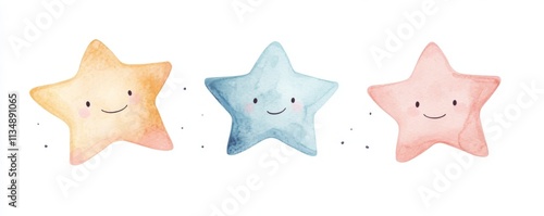 Cute watercolor cartoon stars in minimalist style on white background. Adorable, pastel colors. photo