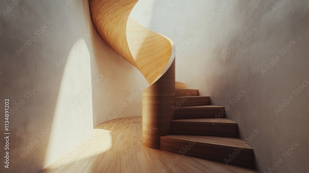 Naklejka premium Elegant wooden spiral staircase in a narrow modern corridor with soft light illuminating the walls and floor.