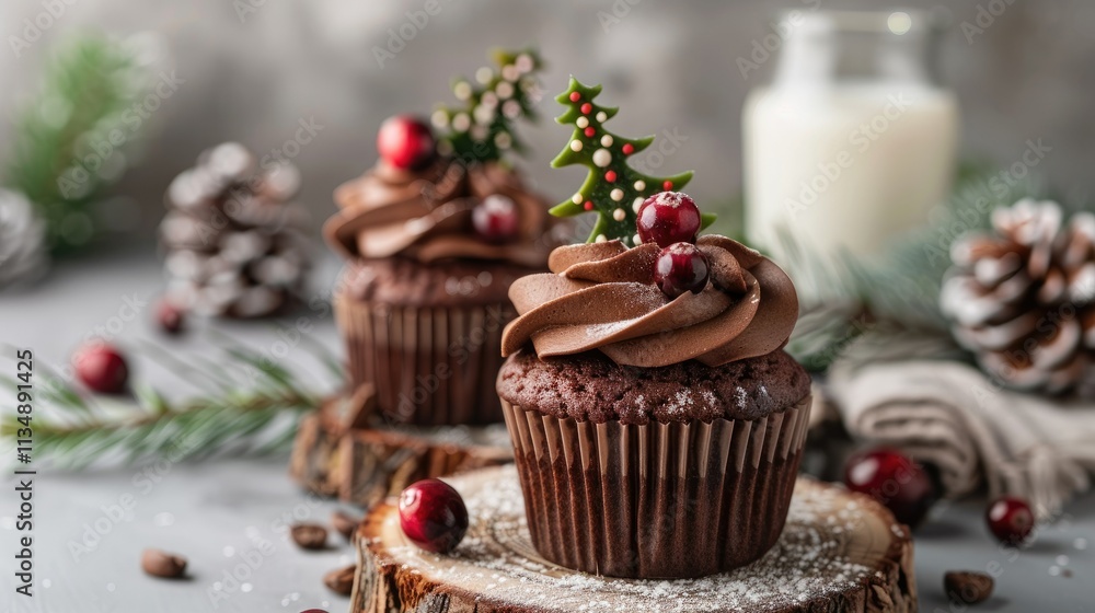 two cupcakes with chocolate frosting and small Christmas trees made from cranberries two cupcakes with chocolate frosting and small Christmas trees made from cranberries