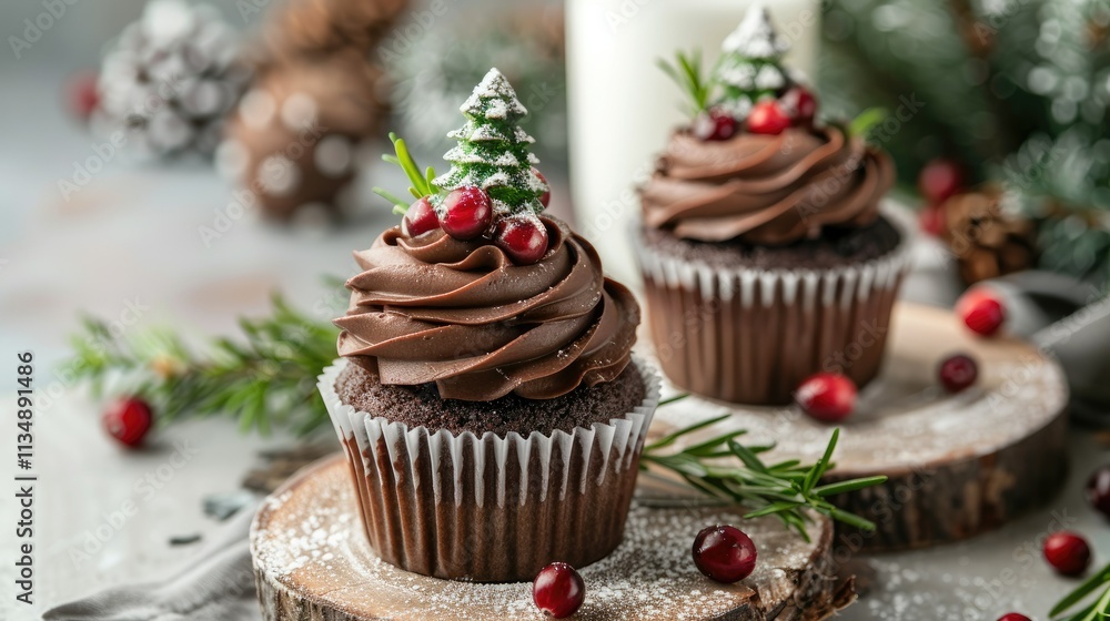 two cupcakes with chocolate frosting and small Christmas trees made from cranberries two cupcakes with chocolate frosting and small Christmas trees made from cranberries