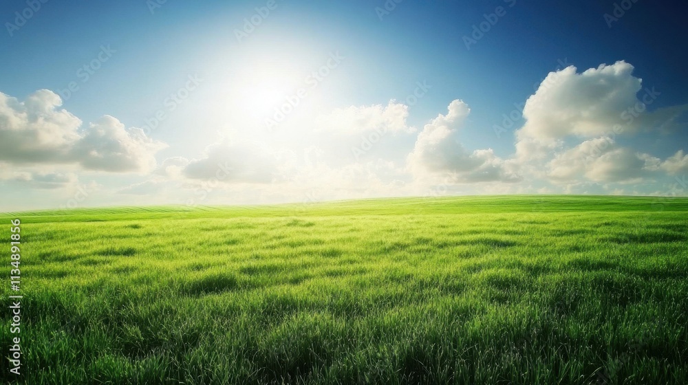Bright Green Field Under Blue Sky with Fluffy White Clouds Bright Green Field Under Blue Sky with Fluffy White Clouds