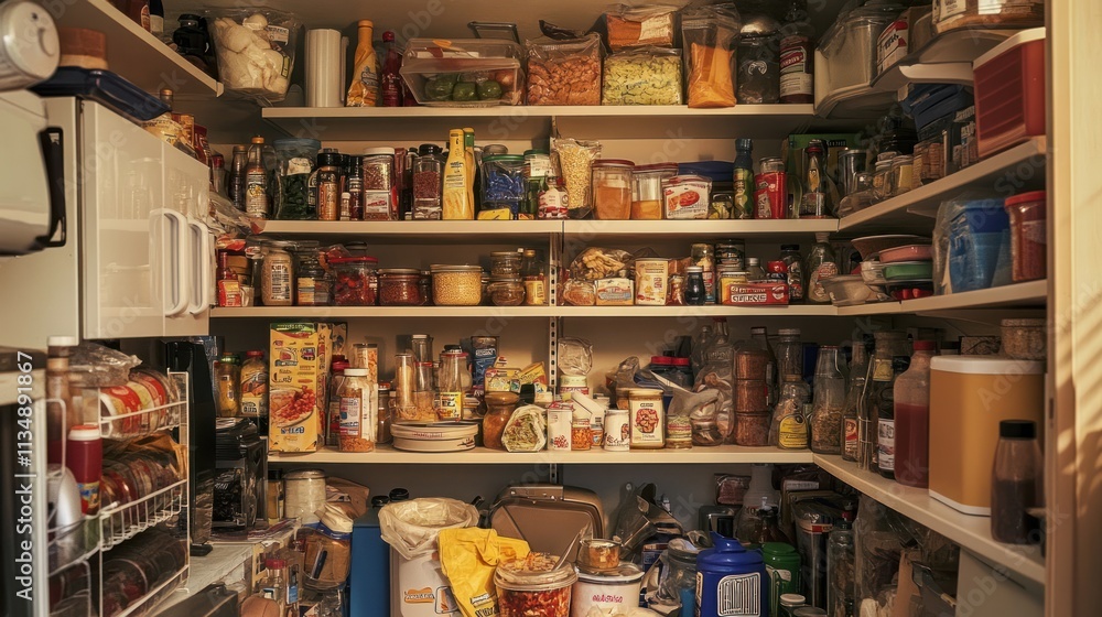 Overstocked pantry with various food items. Overstocked pantry with various food items.