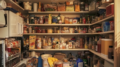 Overstocked pantry with various food items.