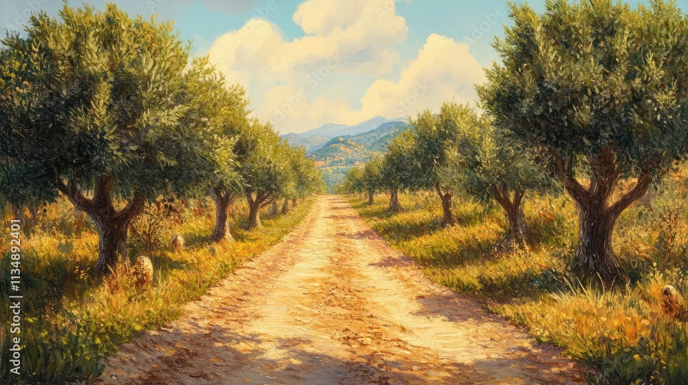 Obraz premium Serene dirt road lined with flourishing olive trees in a picturesque olive plantation, with mountains in the background and soft clouds overhead, agriculture, rural landscape, nature's bounty.