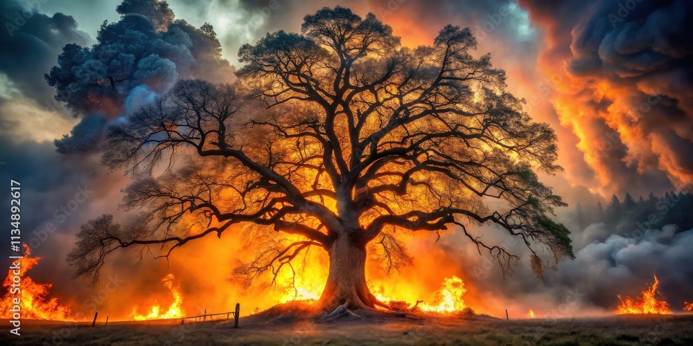 A large oak tree stands tall in the midst of a raging fire, its branches reaching towards the smoke-filled sky, a testament to the resilience of nature in the face of adversity. A large oak tree stands tall in the midst of a raging fire, its branches reaching towards the smoke-filled sky, a testament to the resilience of nature in the face of adversity.