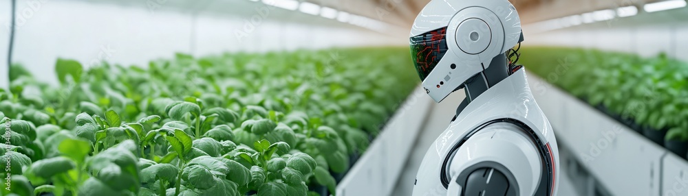 A greenhouse filled with robots tending to plants. A greenhouse filled with robots tending to plants.