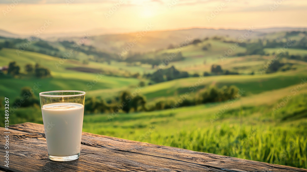 A sleek modern milk carton is placed on a rustic wooden table, featuring lush green hills illuminated by the glow of a vibrant sunset in the distance A sleek modern milk carton is placed on a rustic wooden table, featuring lush green hills illuminated by the glow of a vibrant sunset in the distance
