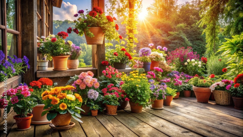 A wooden porch adorned with a vibrant display of potted flowers, bathed in the warm glow of the setting sun, creating a tranquil and colorful oasis. A wooden porch adorned with a vibrant display of potted flowers, bathed in the warm glow of the setting sun, creating a tranquil and colorful oasis.