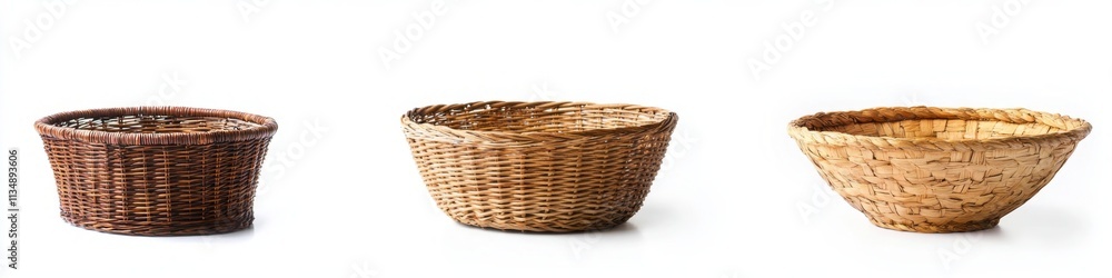 Three different wooden and bamboo baskets on white background. Three different wooden and bamboo baskets on white background.