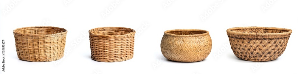 Four different wooden and bamboo baskets on white background. Four different wooden and bamboo baskets on white background.