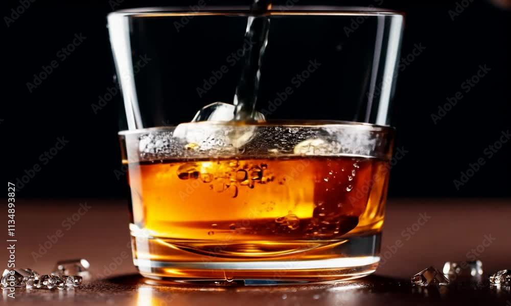 Glass of whiskey with ice. On black background. Gentlemen's alcoholic drink Generative AI