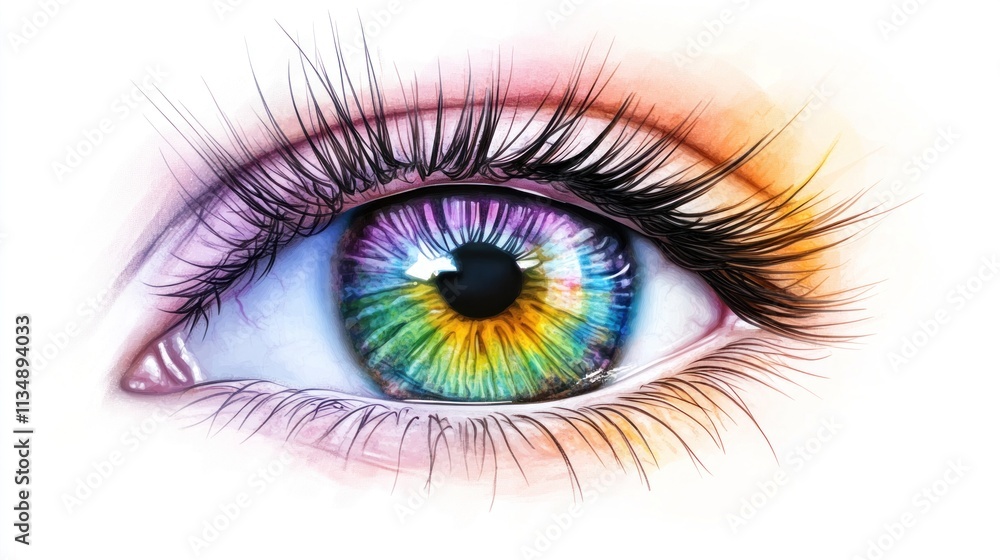 Human eye with realistic details, including vibrant iris colors and visible veins, set against a smooth white background. Human eye with realistic details, including vibrant iris colors and visible veins, set against a smooth white background.