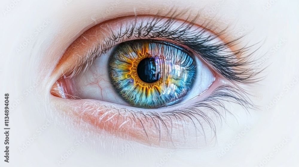Fototapeta premium Hyper-detailed, realistic human eye with colorful iris and visible veins, isolated on a white background for emphasis.