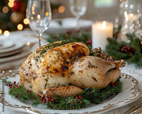 Close-up of a golden-brown turkey garnished with rosemary and cranberries, presented on an elegant platter surrounded by candles and glasses of wine against warm bokeh lights in the background. photo