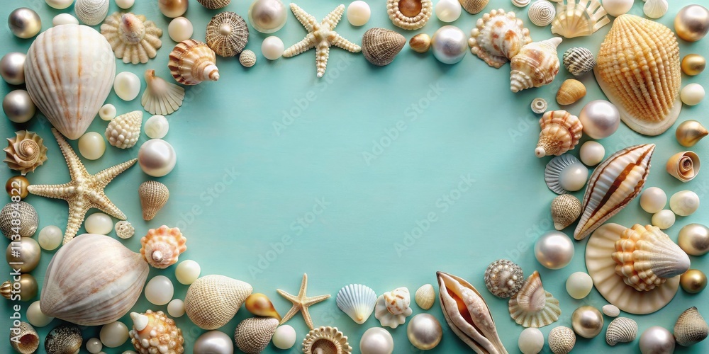 Seashells and Starfish Create a Frame Around a Soft Mint Green Background Seashells and Starfish Create a Frame Around a Soft Mint Green Background