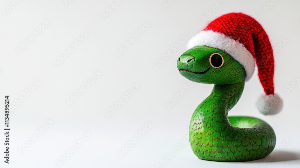 Fototapeta premium Green Snake Figurine in Santa Hat With Holiday Spirit and Cheer
