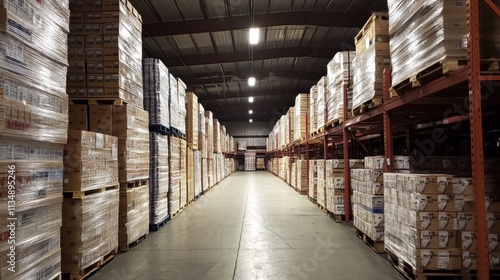 Wallpaper Mural Large warehouse interior with bright lighting and a wide aisle, showcasing stacks of pallets and boxes neatly arranged. Torontodigital.ca