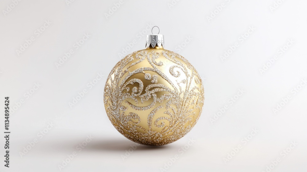 Luxurious 3D golden Christmas ball with embossed designs, silver glitter, and a polished surface, suspended on a white background. Luxurious 3D golden Christmas ball with embossed designs, silver glitter, and a polished surface, suspended on a white background.