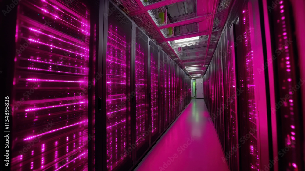 Futuristic data center with rows of servers illuminated in pink light Futuristic data center with rows of servers illuminated in pink light