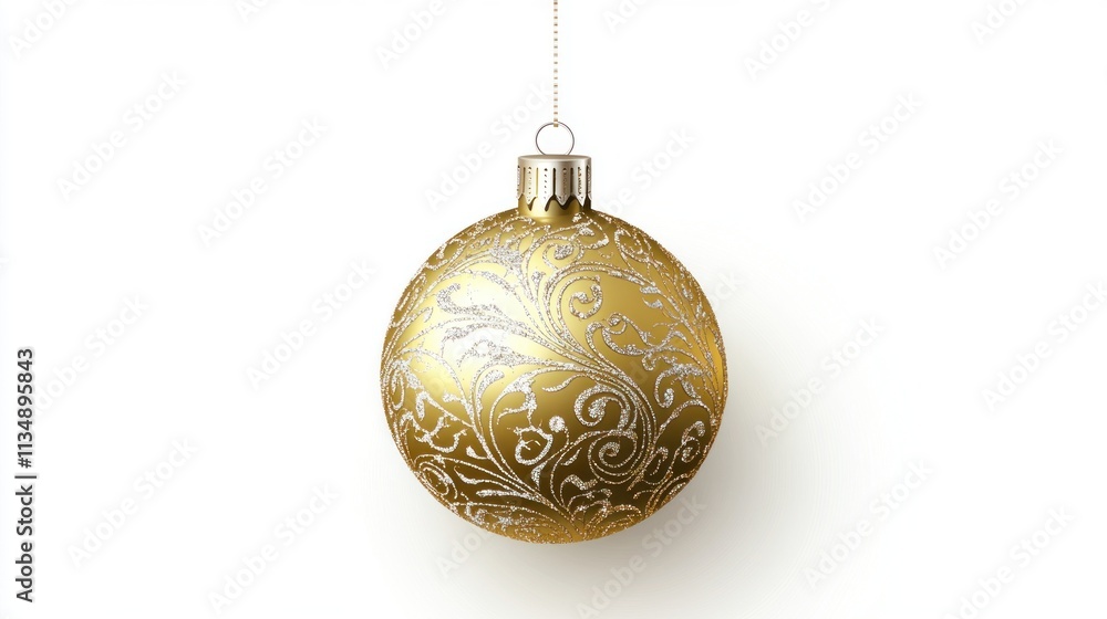 Luxury golden Christmas ball with intricate embossed patterns and silver glitter, hanging as a shiny ornament on a white background. Vector illustration. Luxury golden Christmas ball with intricate embossed patterns and silver glitter, hanging as a shiny ornament on a white background. Vector illustration.