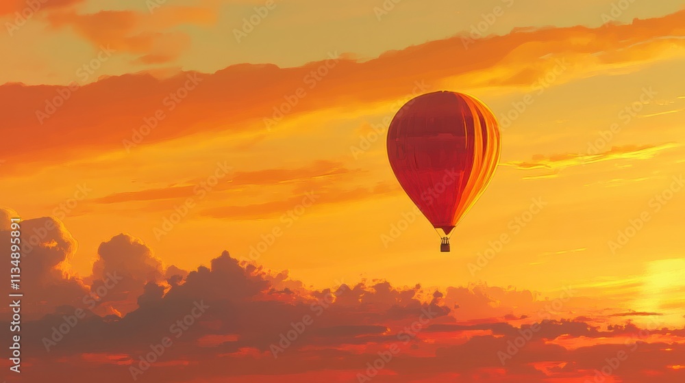 Fototapeta premium Majestic Hot Air Balloon Soaring Through a Vibrant Sunset Sky