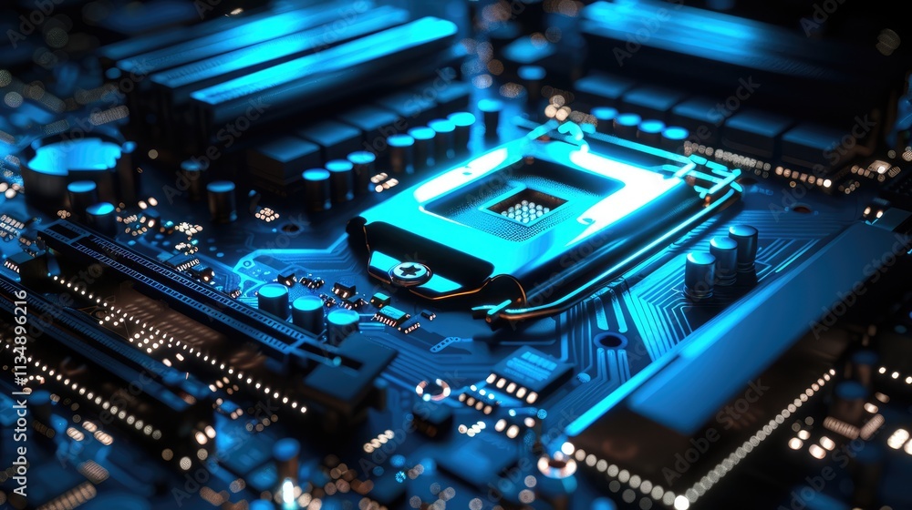 A computer motherboard with a blue light shining on it's side and a black background cinema 4 d a 3d render computer art A computer motherboard with a blue light shining on it's side and a black background cinema 4 d a 3d render computer art