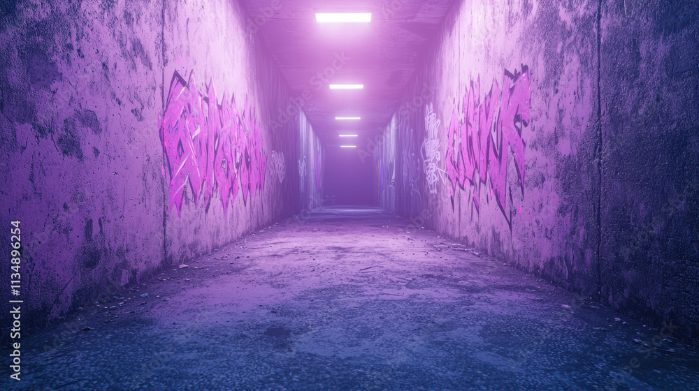 Futuristic alley with neon lights and vibrant graffiti art creates urban atmosphere Futuristic alley with neon lights and vibrant graffiti art creates urban atmosphere