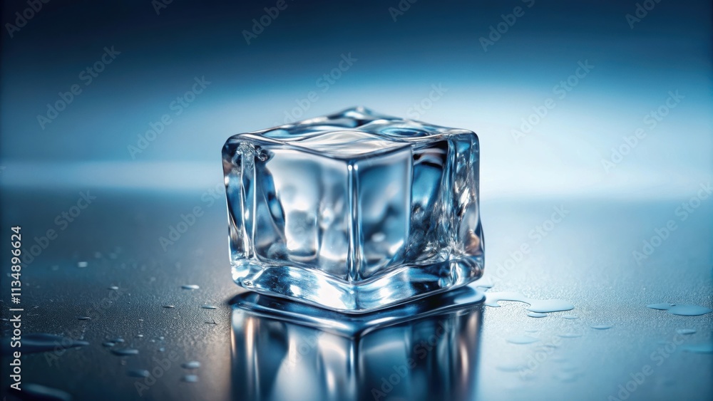 A stunning close-up shot of a crystal clear ice cube on a reflective surface in natural light , frozen, cold,winter, melting A stunning close-up shot of a crystal clear ice cube on a reflective surface in natural light , frozen, cold,winter, melting
