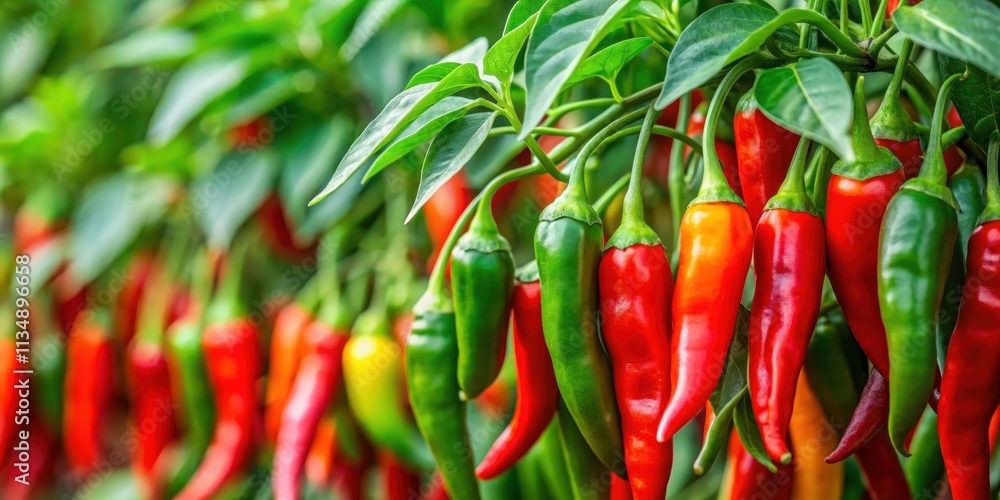 Close-up view of lush chili plants with vibrant red and green peppers , chili, plants, close-up, vibrant, red, green, spicy Close-up view of lush chili plants with vibrant red and green peppers , chili, plants, close-up, vibrant, red, green, spicy
