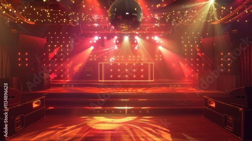 A concert stage of the 70s disco era with a shimmering disco ball and neon lights.