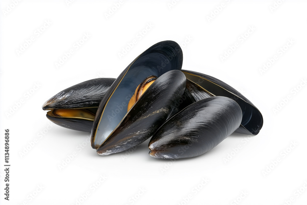 Steamed mussels with open black shells and orange meat on a white background. Steamed mussels with open black shells and orange meat on a white background.